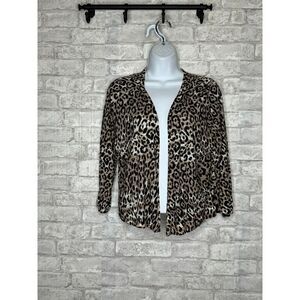 Chico's Cardigan Sweater Jacket Size 2 US L Tan‎ Black Leopard Knit Open Light